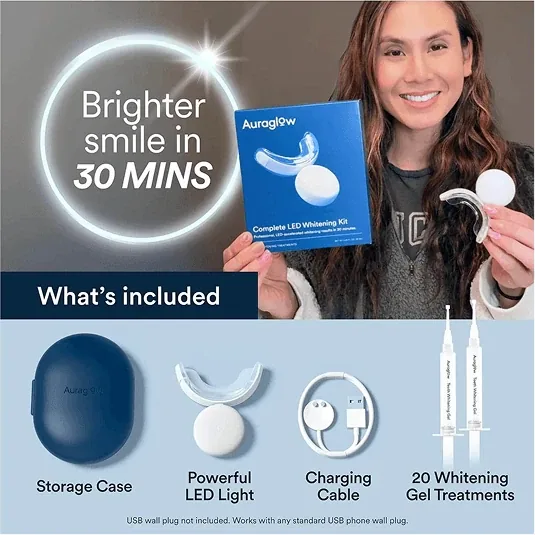 What is included in the Auraglow Teeth Whitening Kit: storage case, LED light, charging cable and gel